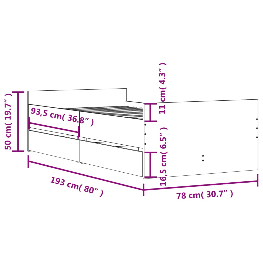 vidaXL betonszürke kisméretű egyszemélyes ágykeret 75 x 190 cm