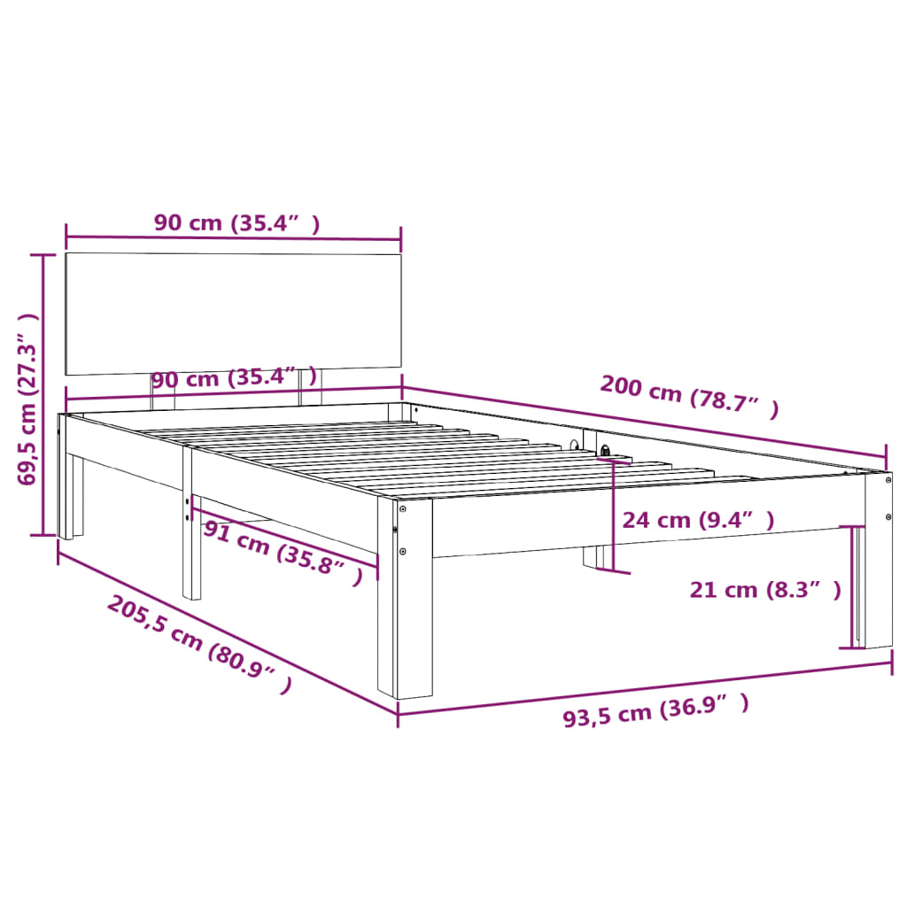 vidaXL szürke tömör fenyőfa ágykeret 90 x 200 cm