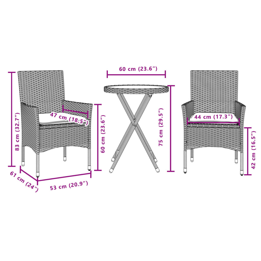 vidaXL 3 részes bézs polyrattan/üveg bisztrógarnitúra párnával