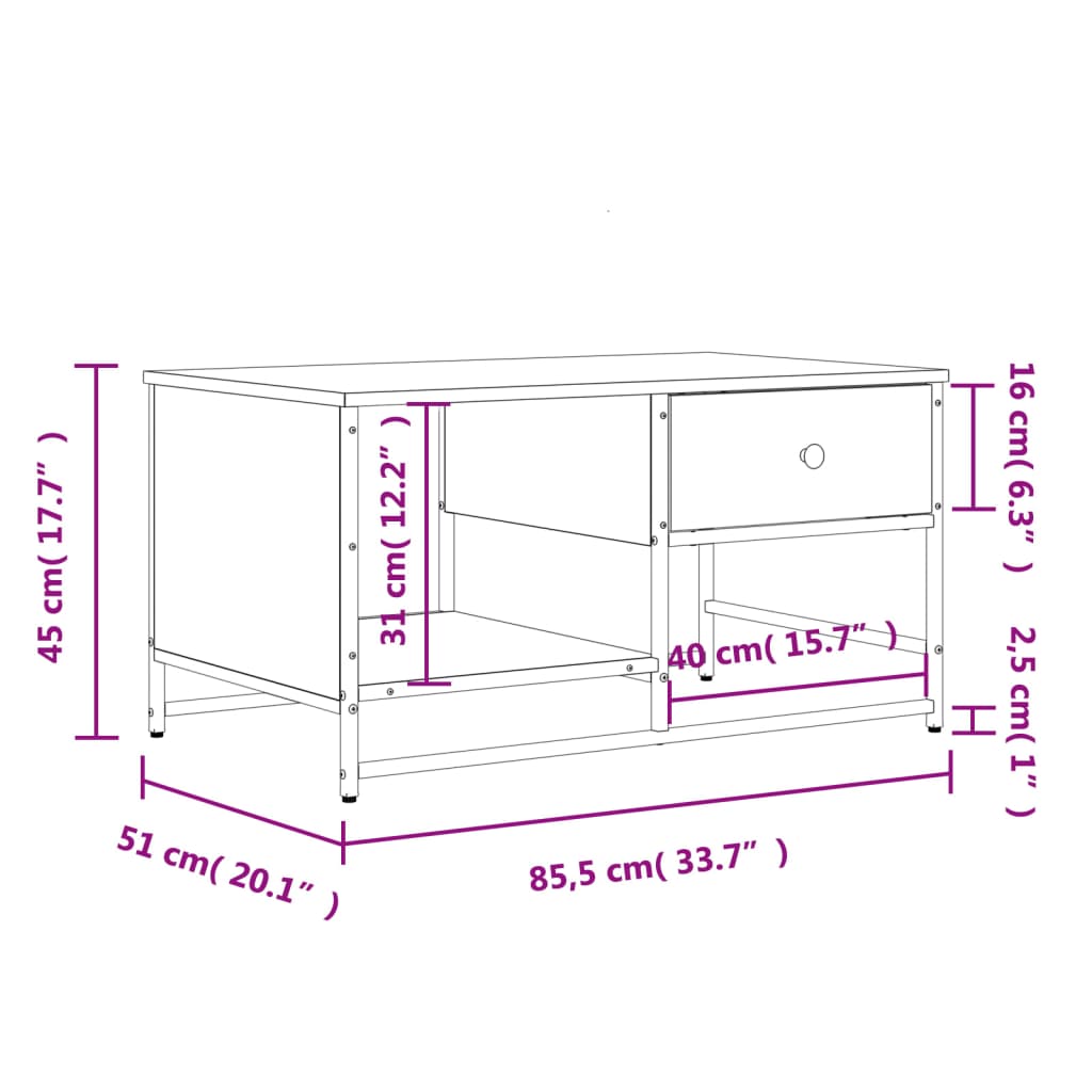 vidaXL fekete szerelt fa dohányzóasztal 85,5 x 51 x 45 cm