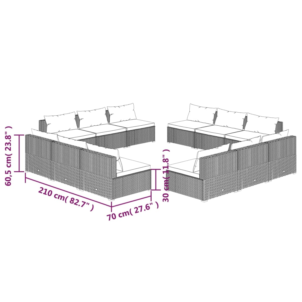 vidaXL 12 részes fekete polyrattan kerti ülőgarnitúra párnákkal