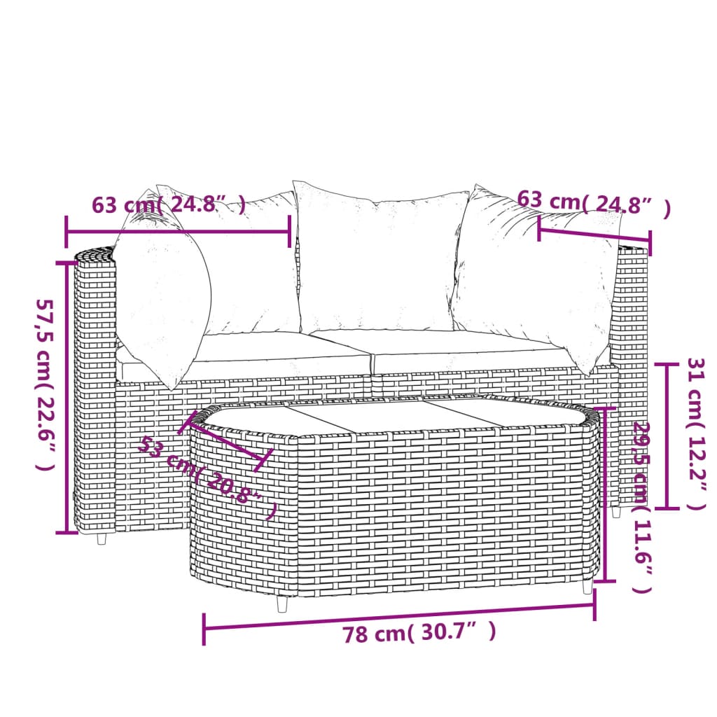 vidaXL 3 részes barna polyrattan kerti ülőgarnitúra párnával