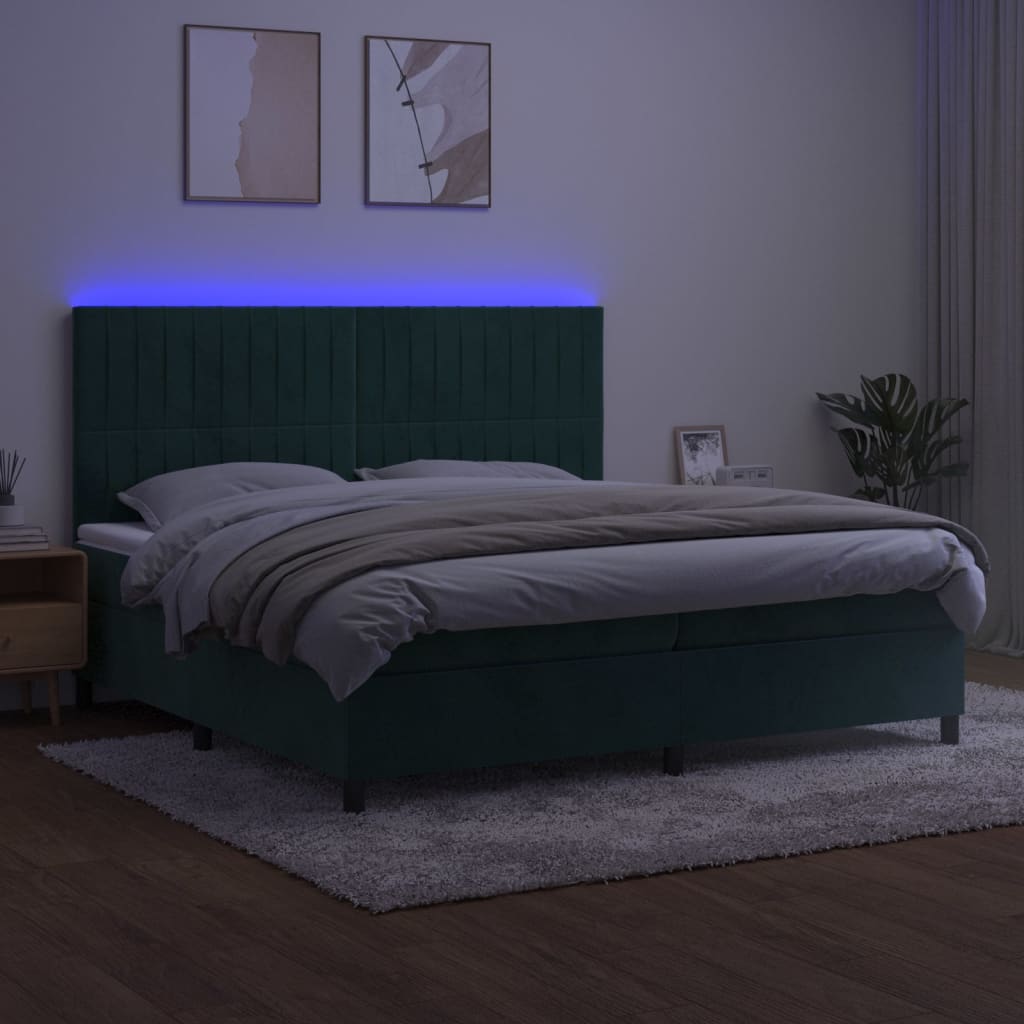 vidaXL sötétzöld bársony rugós és LED-es ágy matraccal 200x200 cm
