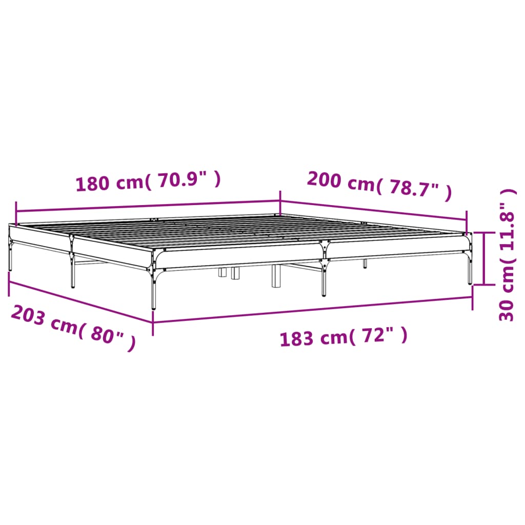 vidaXL füstös tölgyszínű szerelt fa és fém ágykeret 180 x 200 cm