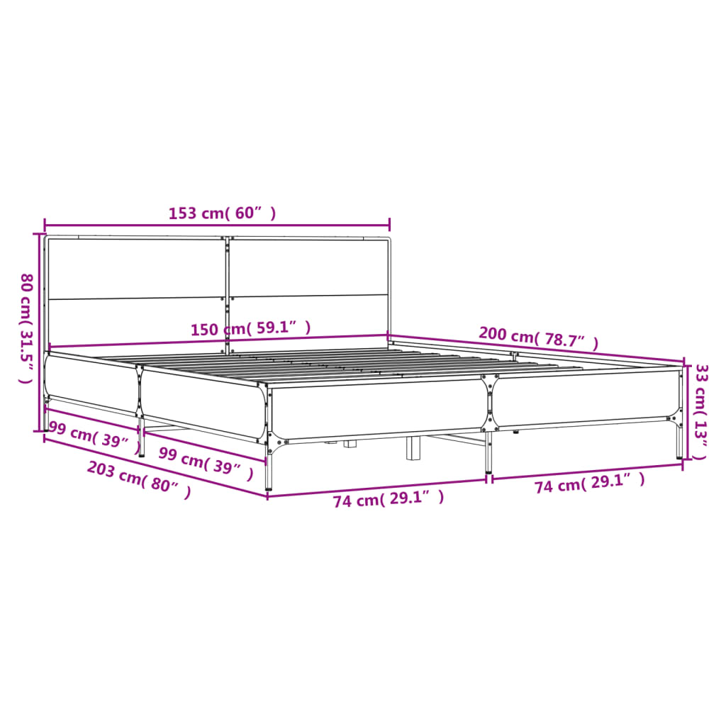 vidaXL füstös tölgy színű szerelt fa és fém ágykeret 150 x 200 cm