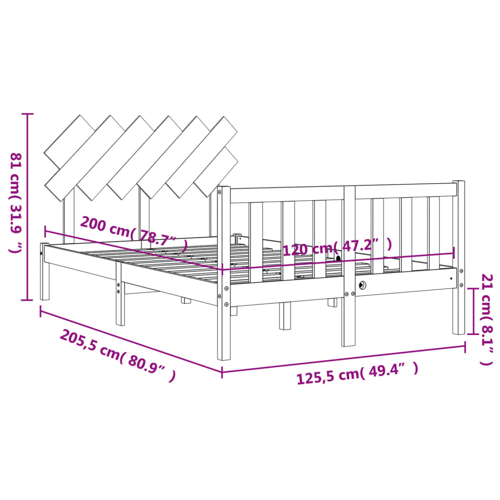 vidaXL fekete tömör fa ágykeret fejtámlával 120 x 200 cm