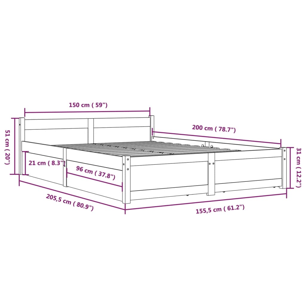 vidaXL fehér ágykeret fiókokkal 150 x 200 cm (King Size)