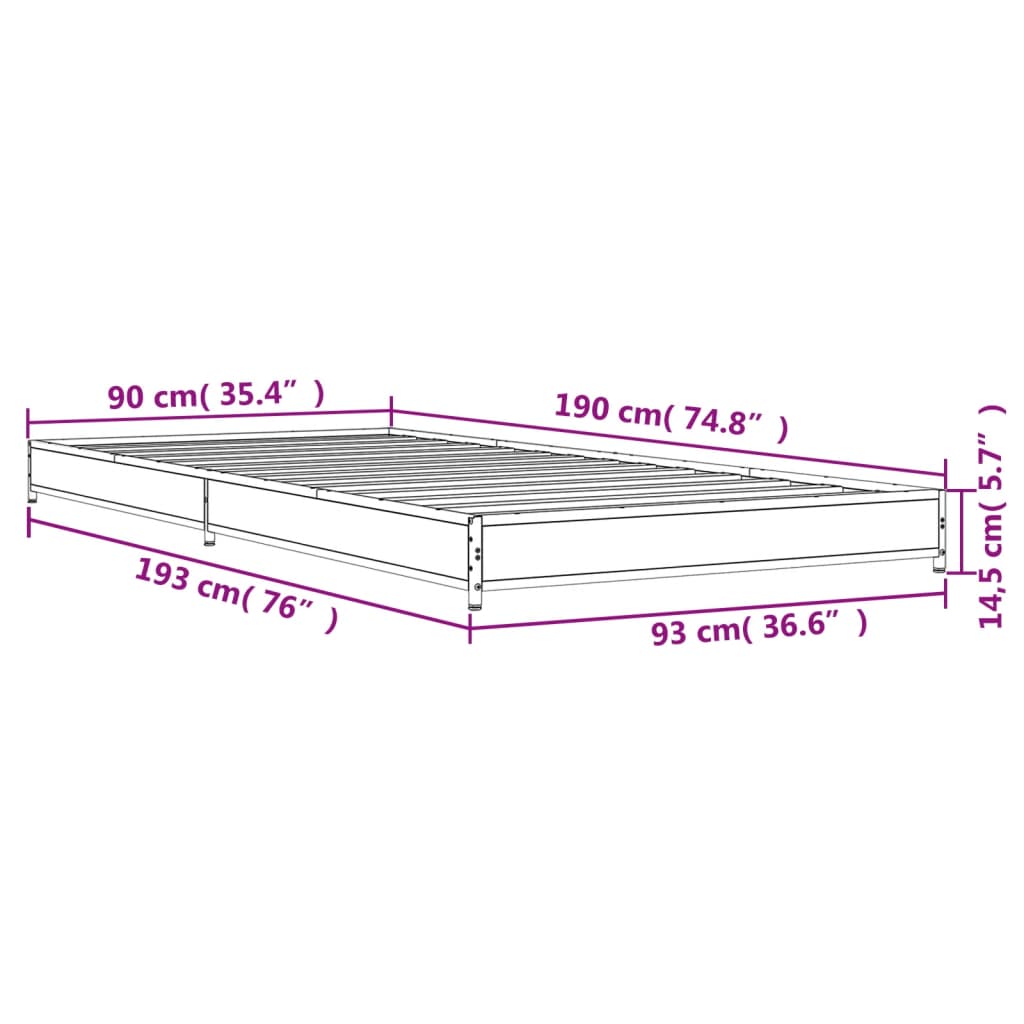 vidaXL füstös tölgyszínű szerelt fa és fém ágykeret 90 x 190 cm