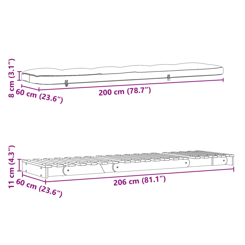 vidaXL tömör duglászfenyő futon kanapéágy matraccal 60 x 206 x 11 cm