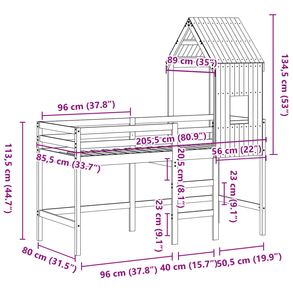 vidaXL fehér tömör fenyőfa galériaágy létrával és tetővel 80 x 200 cm