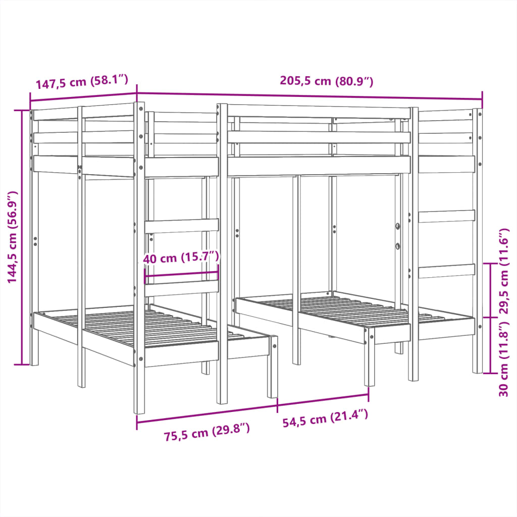 vidaXL fehér tömör fenyőfa tripla emeletes ágykeret 140x200/70x140 cm