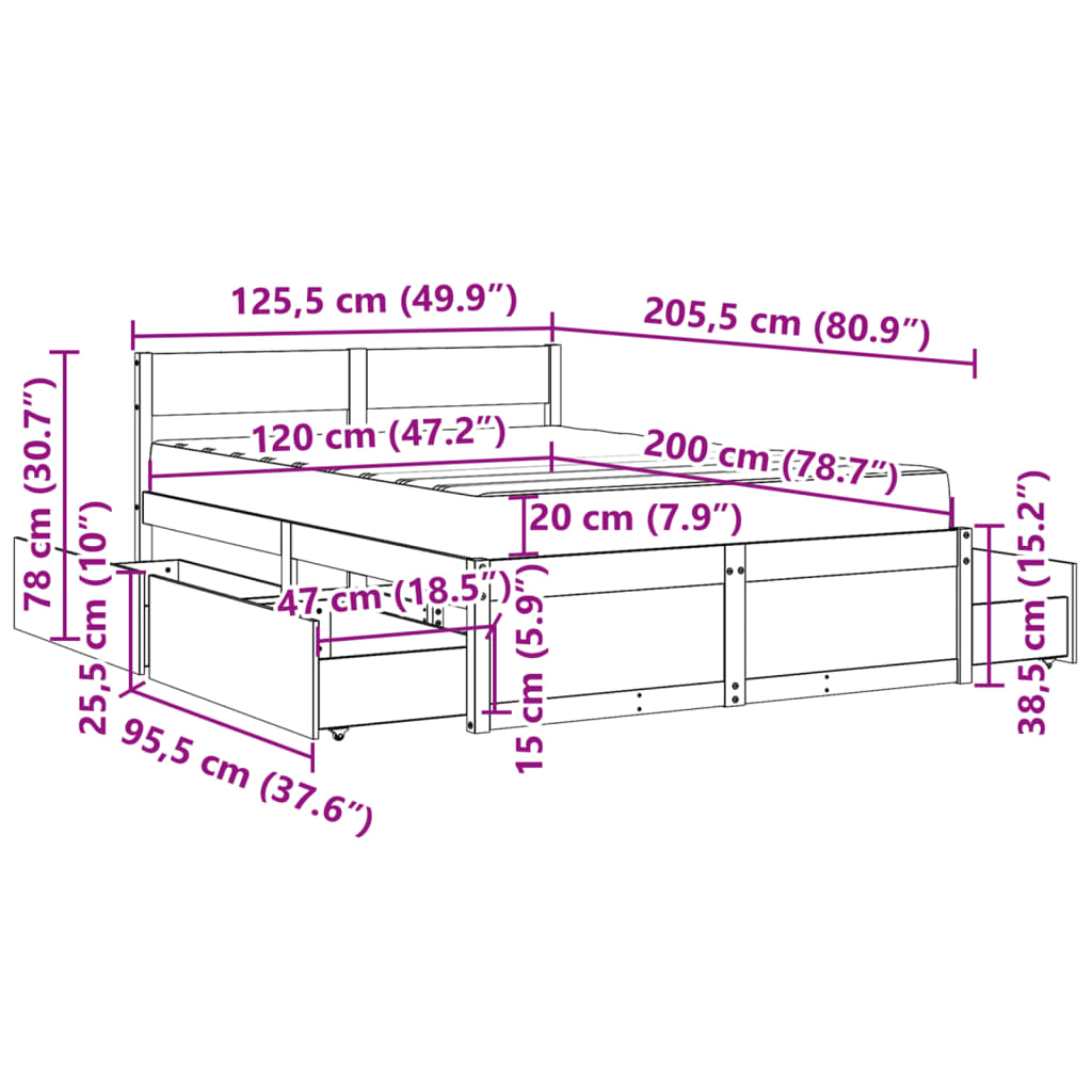 vidaXL tömör fenyőfa ágy fiókokkal és matraccal 120 x 200 cm