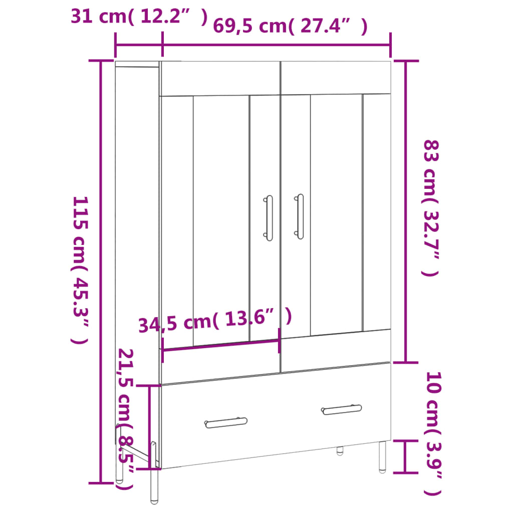 vidaXL barna tölgyszínű szerelt fa magasszekrény 69,5 x 31 x 115 cm