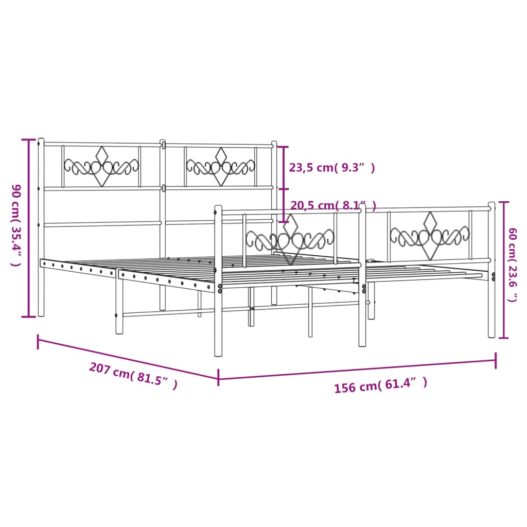 vidaXL fekete fém ágykeret fej- és lábtámlával 150 x 200 cm