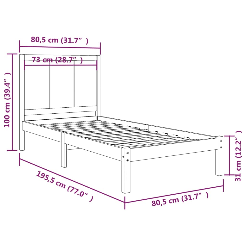 vidaXL Small Single fekete tömör fenyőfa ágykeret 75 x 190 cm