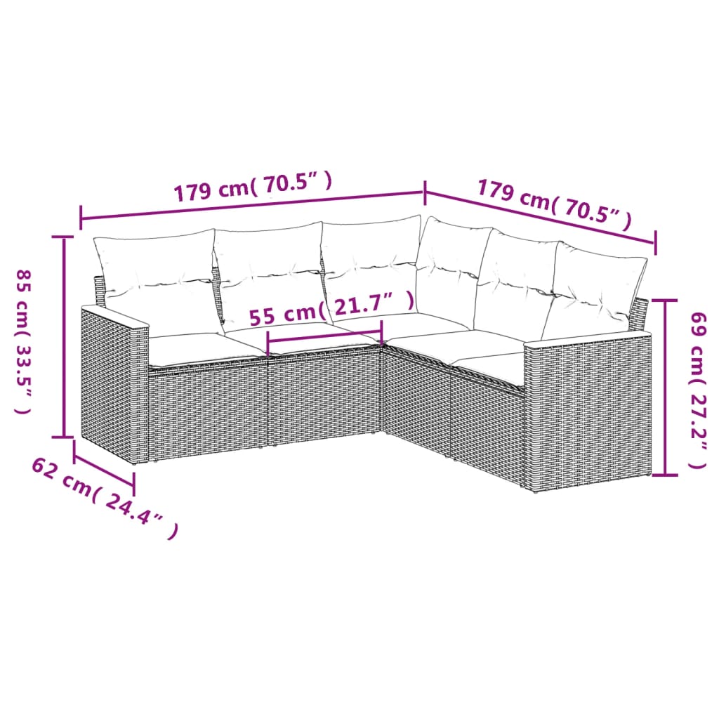 vidaXL 5 részes fekete polyrattan kerti kanapészett párnákkal