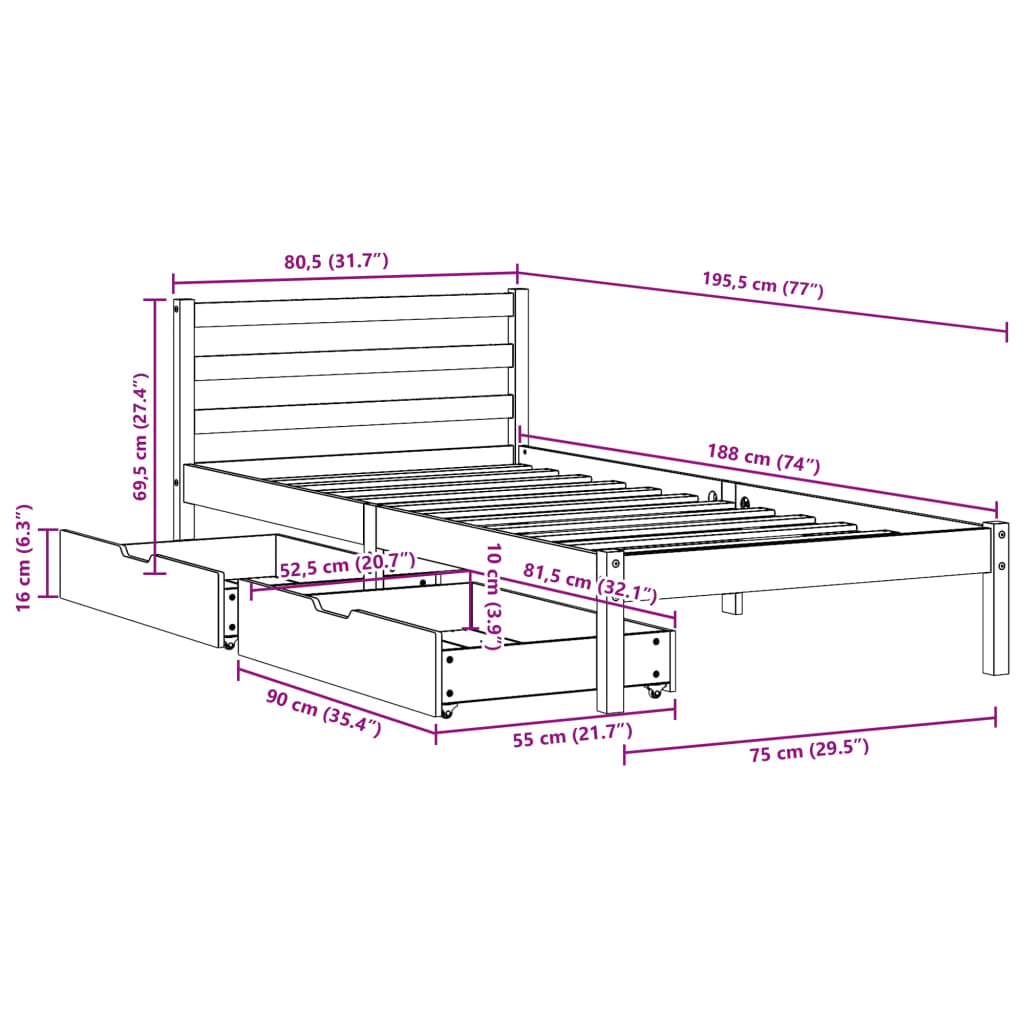 vidaXL fehér tömör fenyőfa ágy matrac nélkül 75 x 190 cm