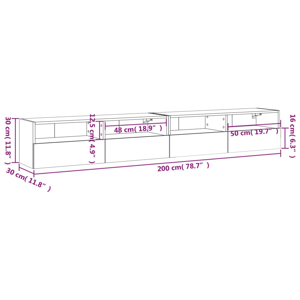 vidaXL 2 db betonszürke szerelt fa fali TV-szekrény 100x30x30 cm