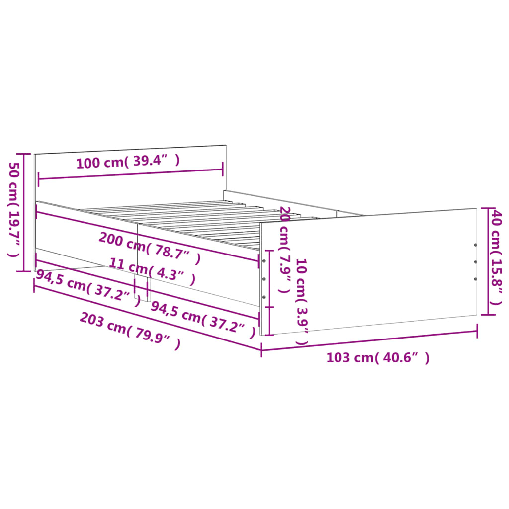 vidaXL sonoma tölgy színű szerelt fa ágykeret matrac nélkül 100x200 cm