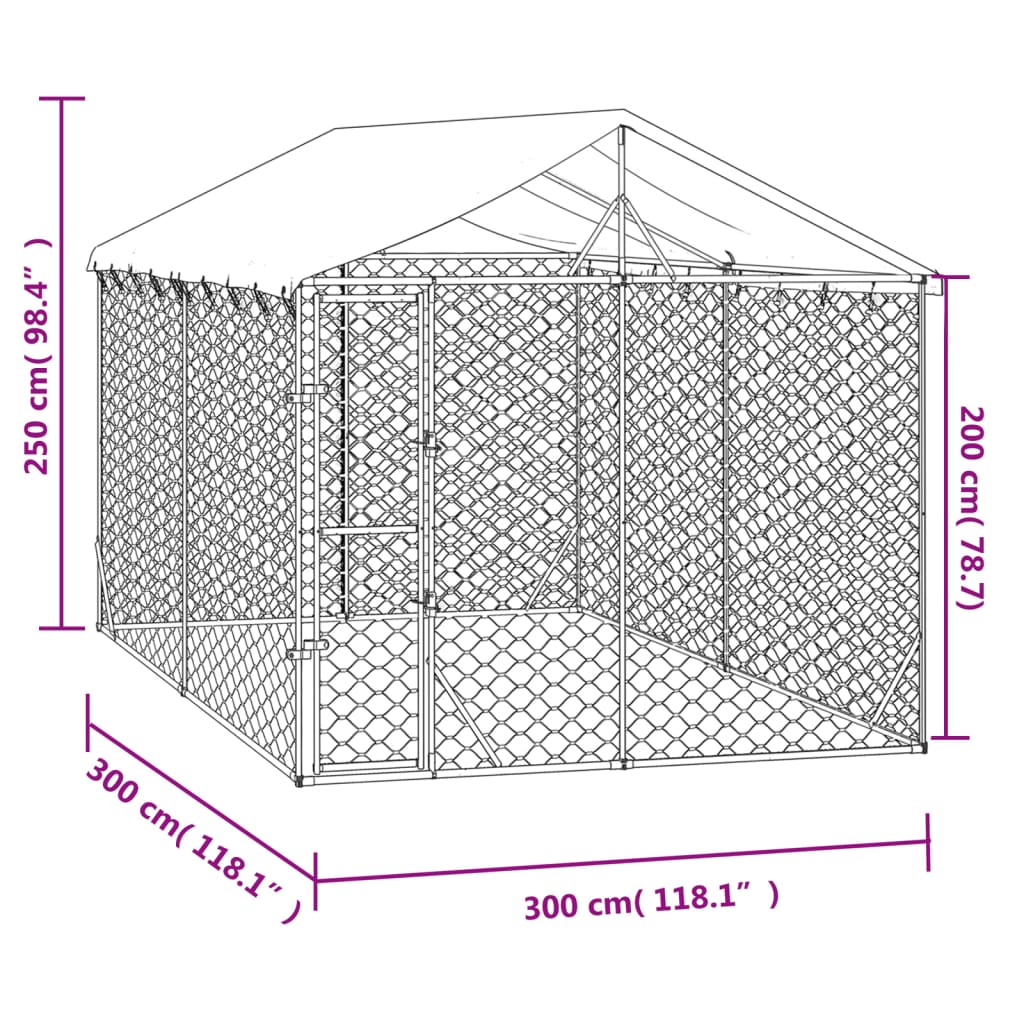 vidaXL ezüstszínű horganyzott acél kutyakennel tetővel 3x3x2,5 m