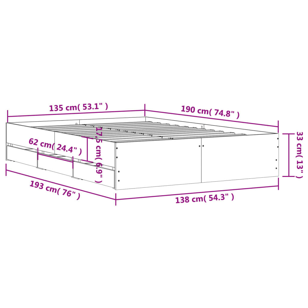 vidaXL fekete szerelt fa ágykeret fiókokkal 135 x 190 cm