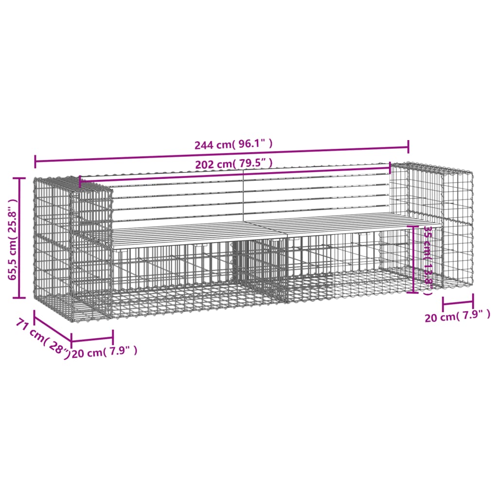 vidaXL tömör duglászfenyő gabion kerti pad 244 x 71 x 65,5 cm