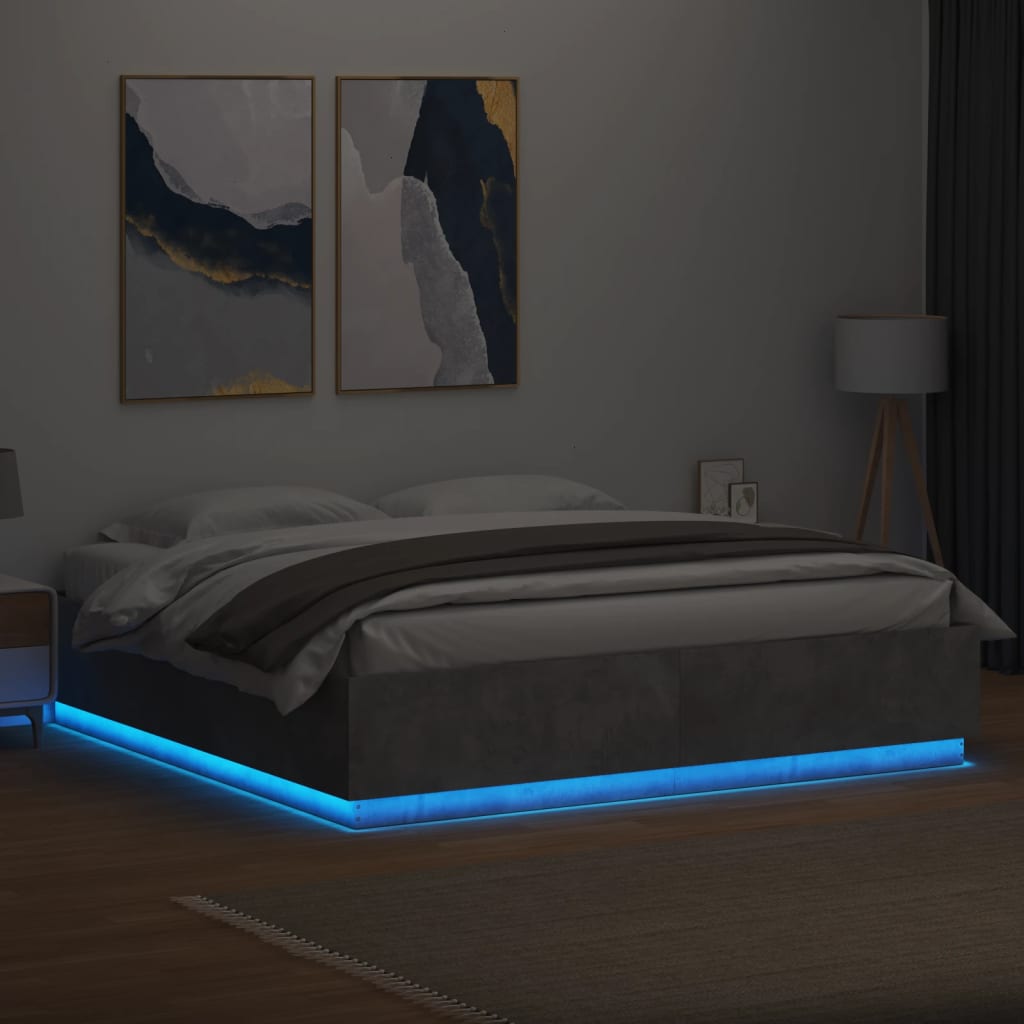 vidaXL betonszürke szerelt fa ágykeret LED-del 180x200 cm