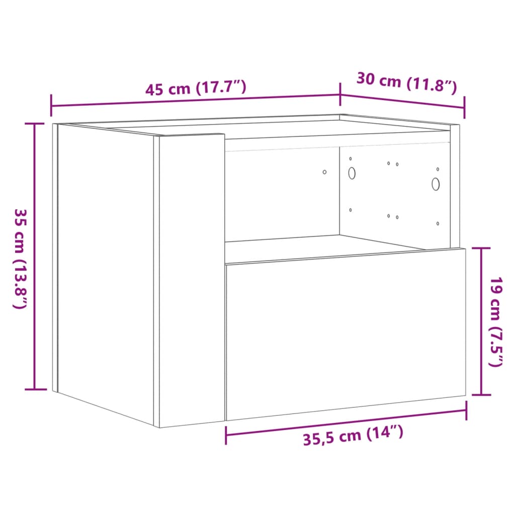 vidaXL füstös tölgy színű falra szerelhető éjjeliszekrény 45x30x35 cm