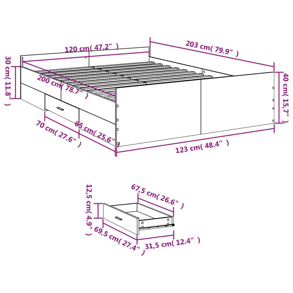 vidaXL sonoma tölgy színű szerelt fa ágykeret fiókokkal 120 x 200 cm