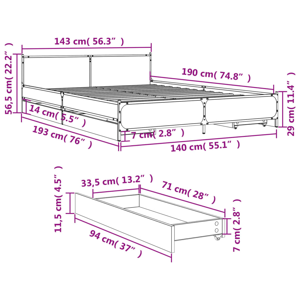 vidaXL fekete szerelt fa ágykeret fiókkal 140 x 190 cm