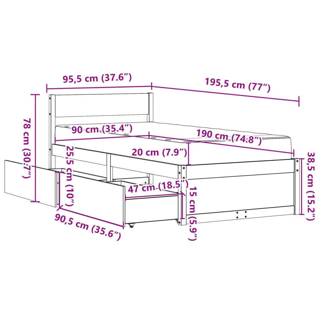 vidaXL fehér tömör fenyőfa ágy fiókokkal és matraccal 90 x 190 cm