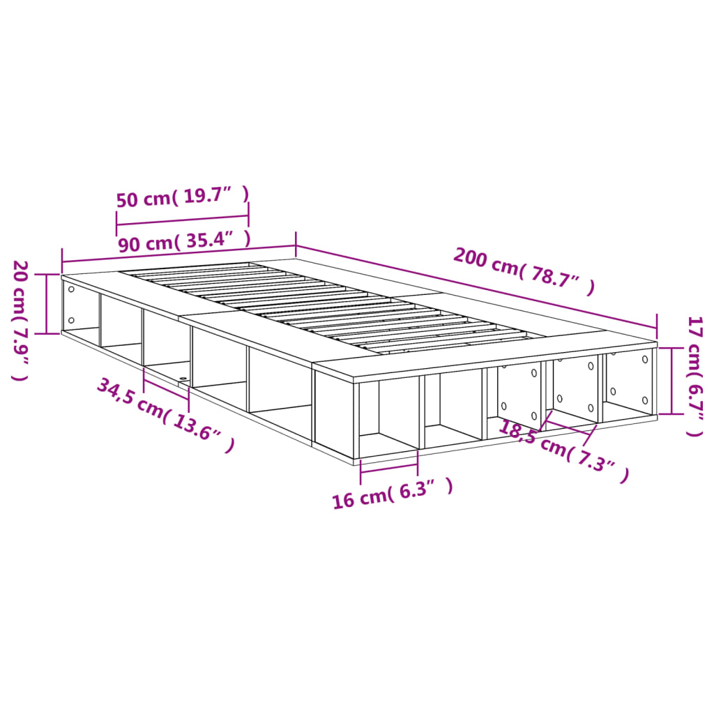 vidaXL füstös tölgy színű szerelt fa ágykeret 90 x 200 cm