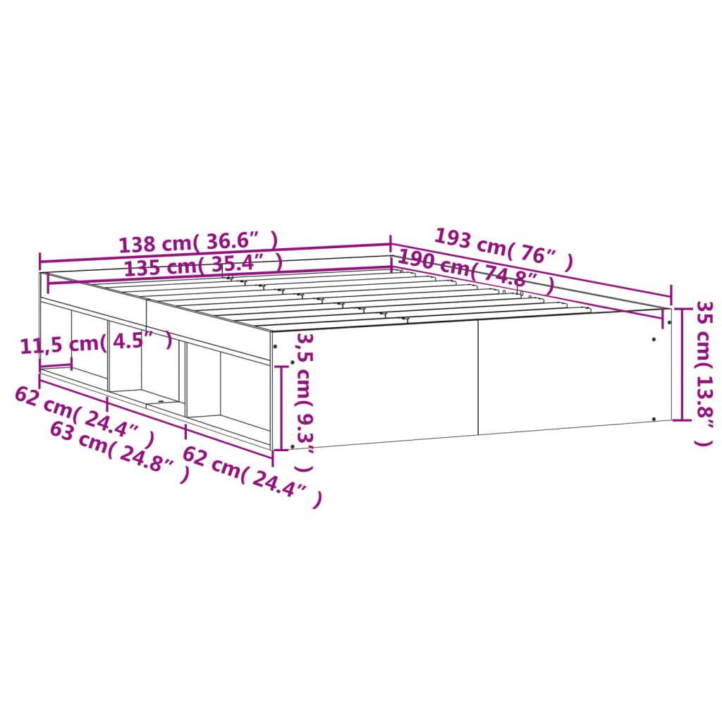 vidaXL betonszürke franciaágykeret 135 x 190 cm