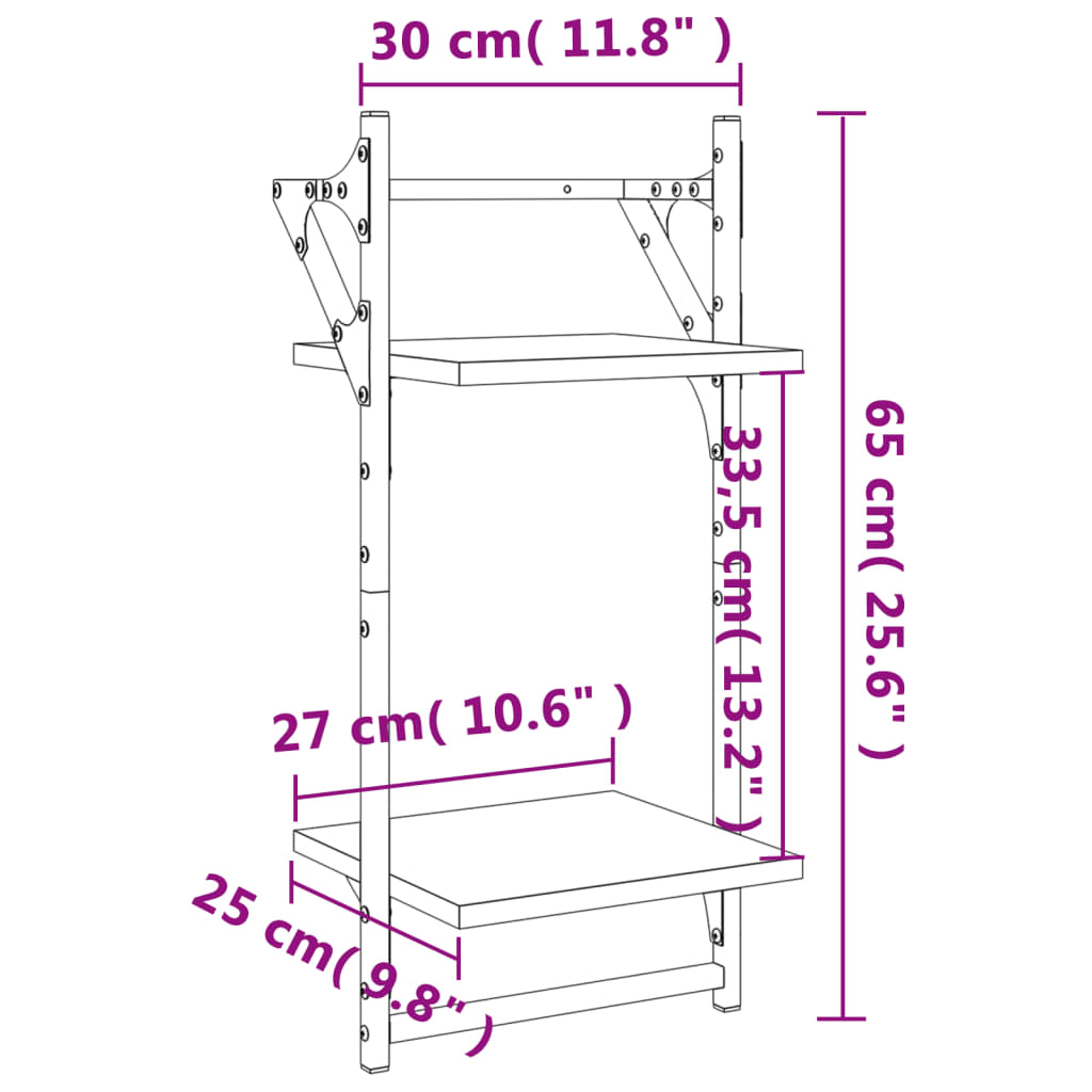 vidaXL 2 db 2 szintes füstös tölgy színű falipolc rúddal 30x25x65 cm