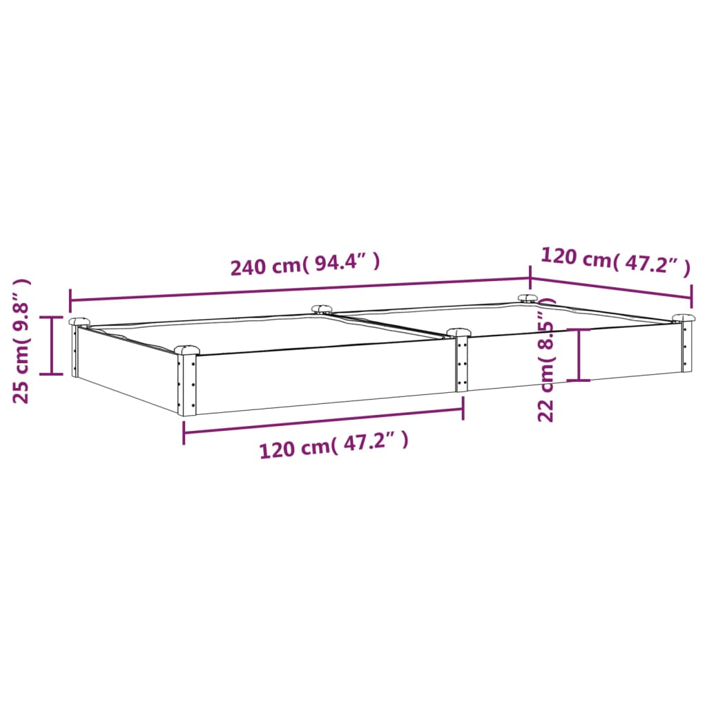 vidaXL barna tömör fenyőfa kerti magaságyás béléssel 240x120x25 cm