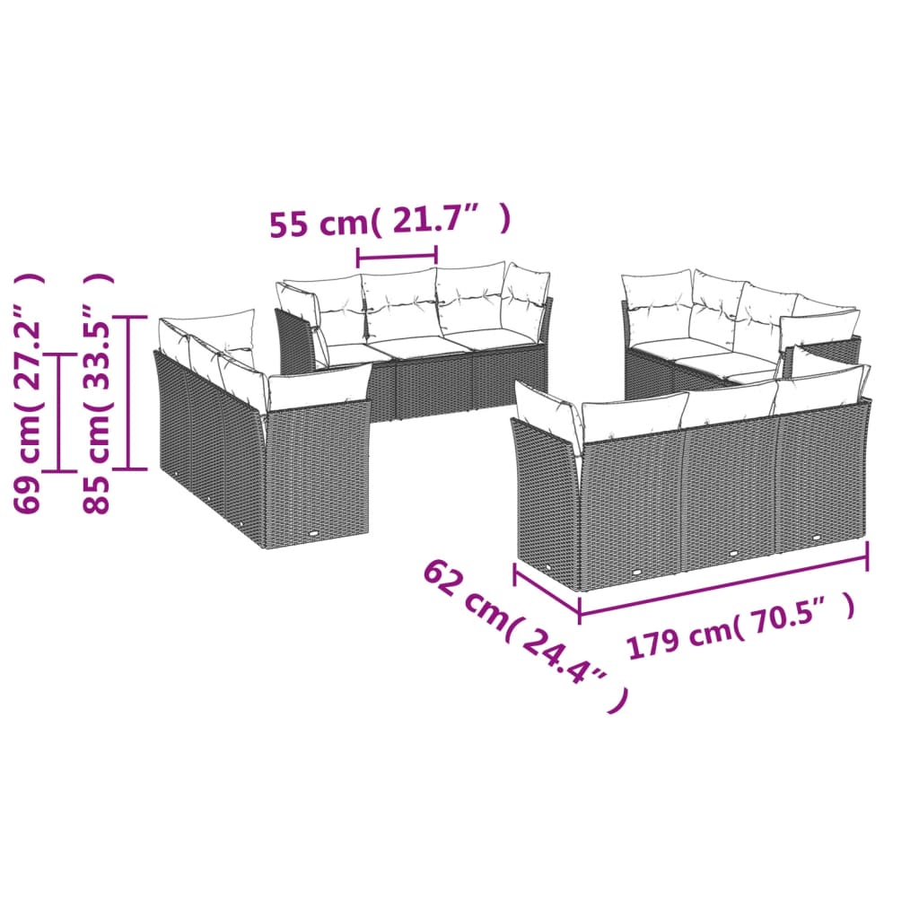 vidaXL 12 részes bézs polyrattan kerti ülőgarnitúra párnákkal