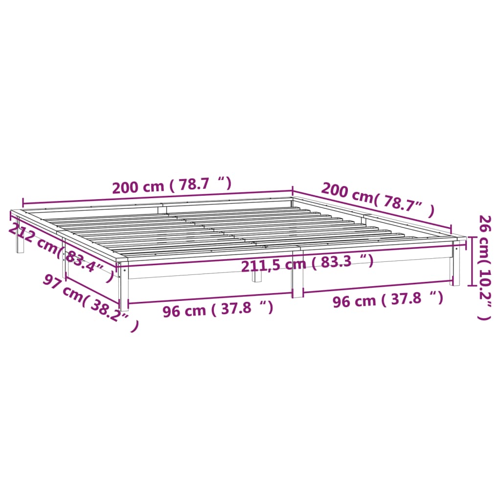 vidaXL mézbarna tömör fa ágykeret LED-ekkel 200 x 200 cm