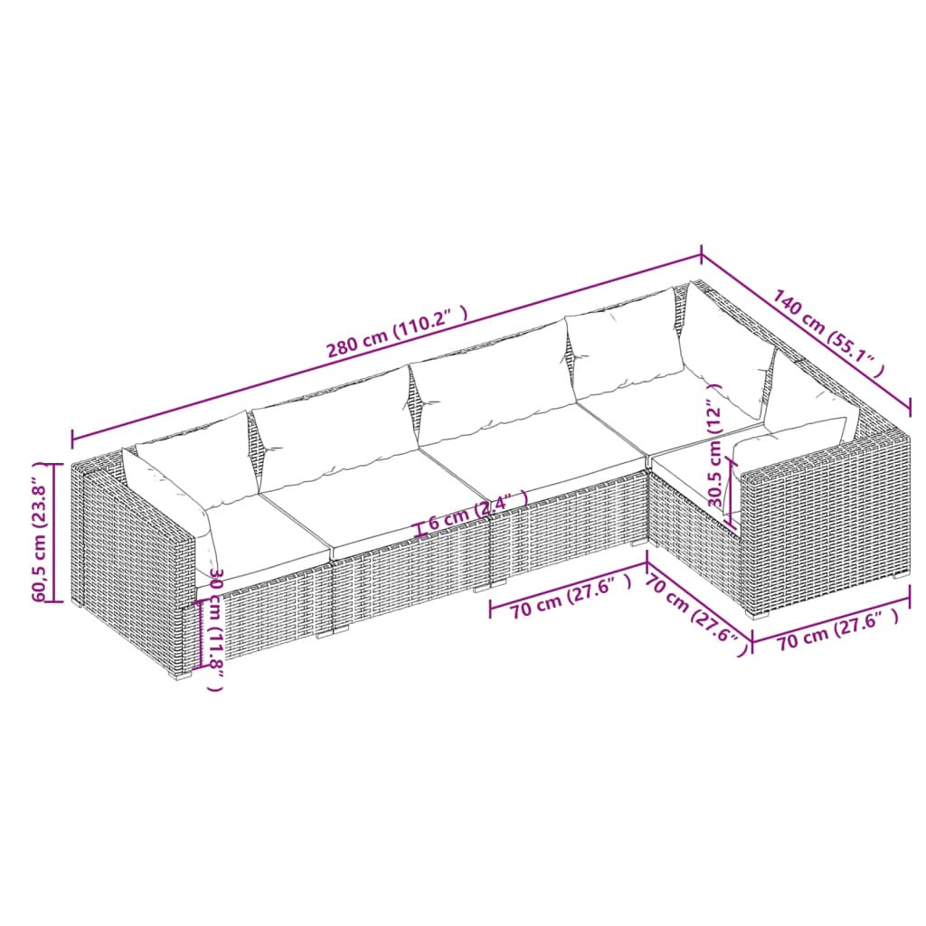 vidaXL 5 részes barna polyrattan kerti ülőgarnitúra párnákkal