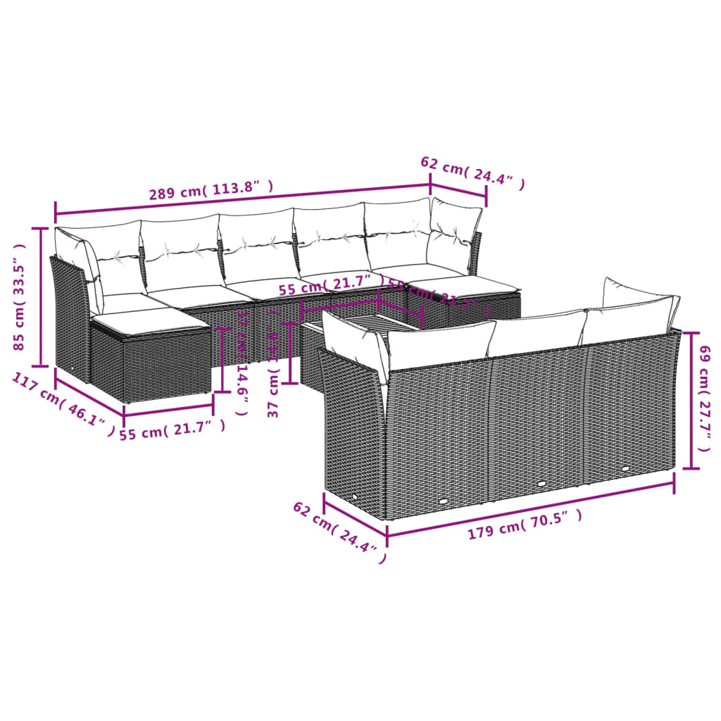 vidaXL 11 részes szürke polyrattan kerti ülőgarnitúra párnákkal