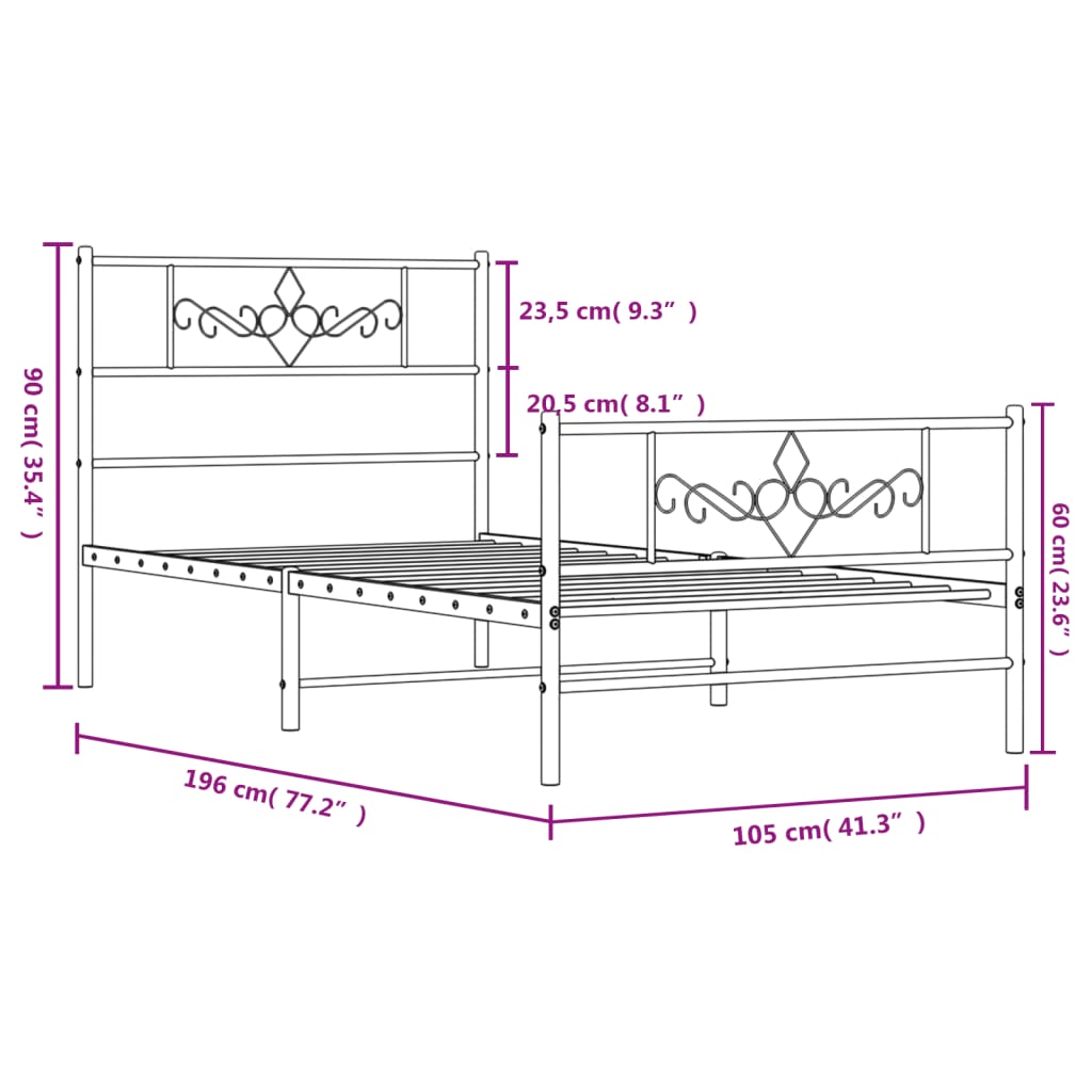 vidaXL fekete fém ágykeret fej- és lábtámlával 100 x 190 cm