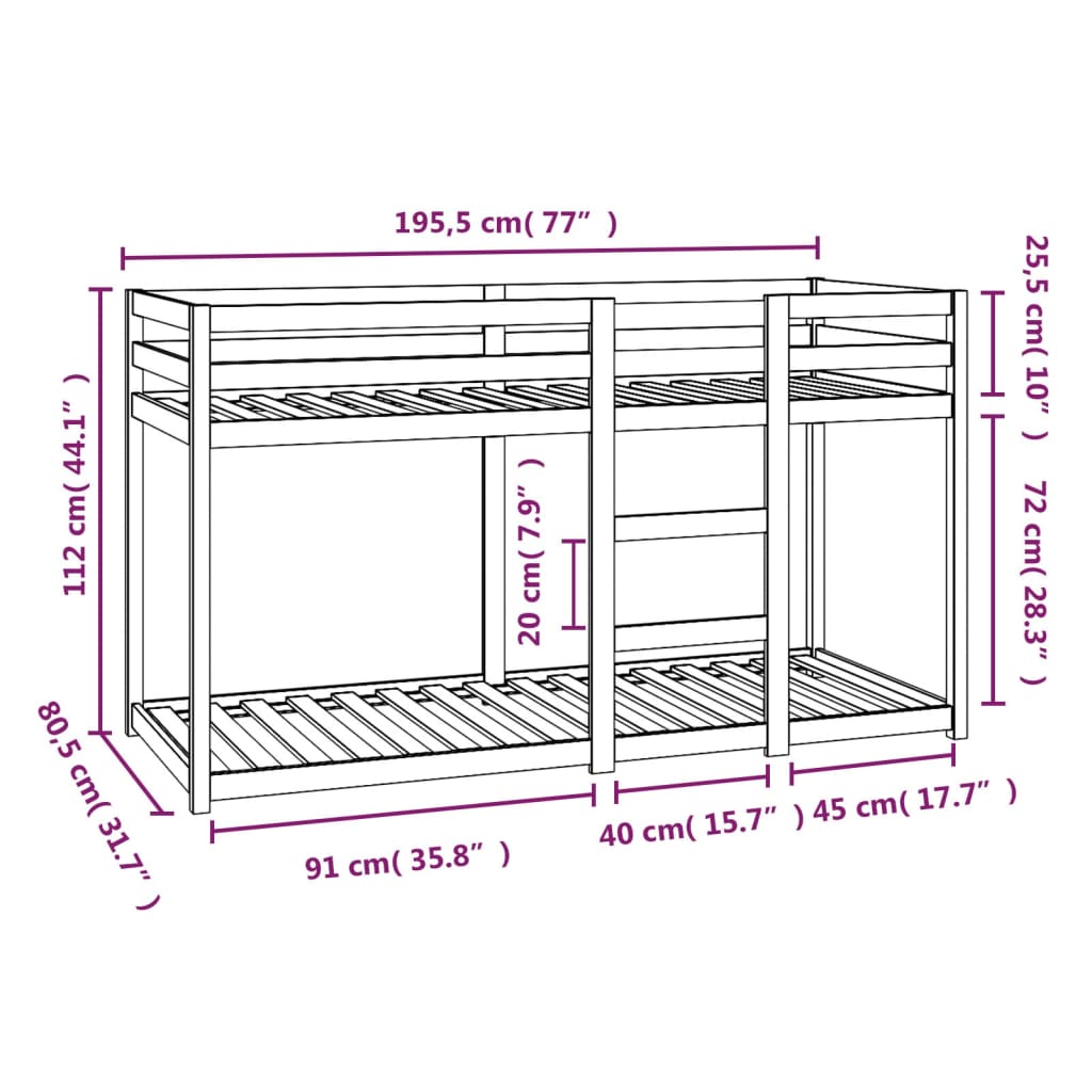 vidaXL fekete tömör fenyőfa emeletes ágy 75x190 cm