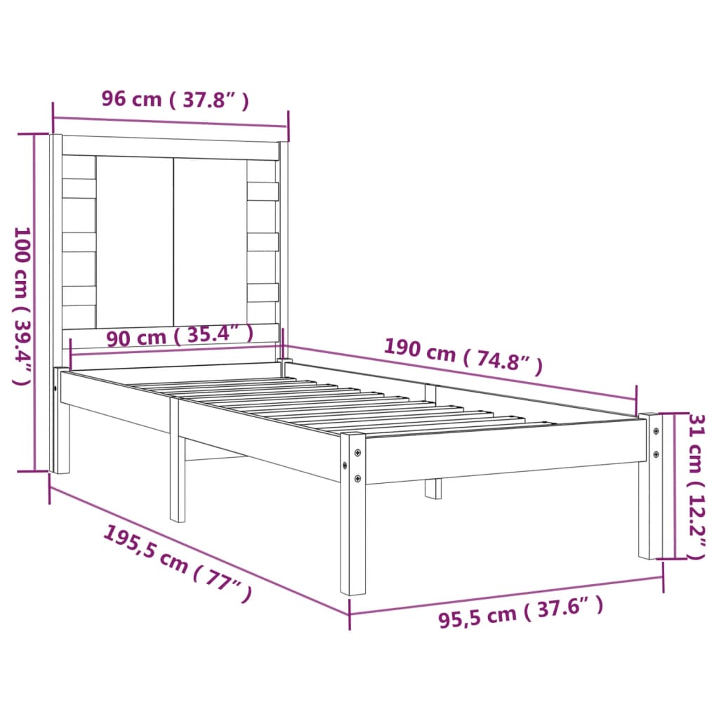 vidaXL Single fekete tömör fa ágykeret 90 x 190 cm