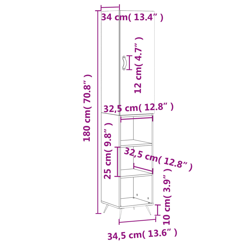 vidaXL fekete szerelt fa magasszekrény 34,5 x 34 x 180 cm