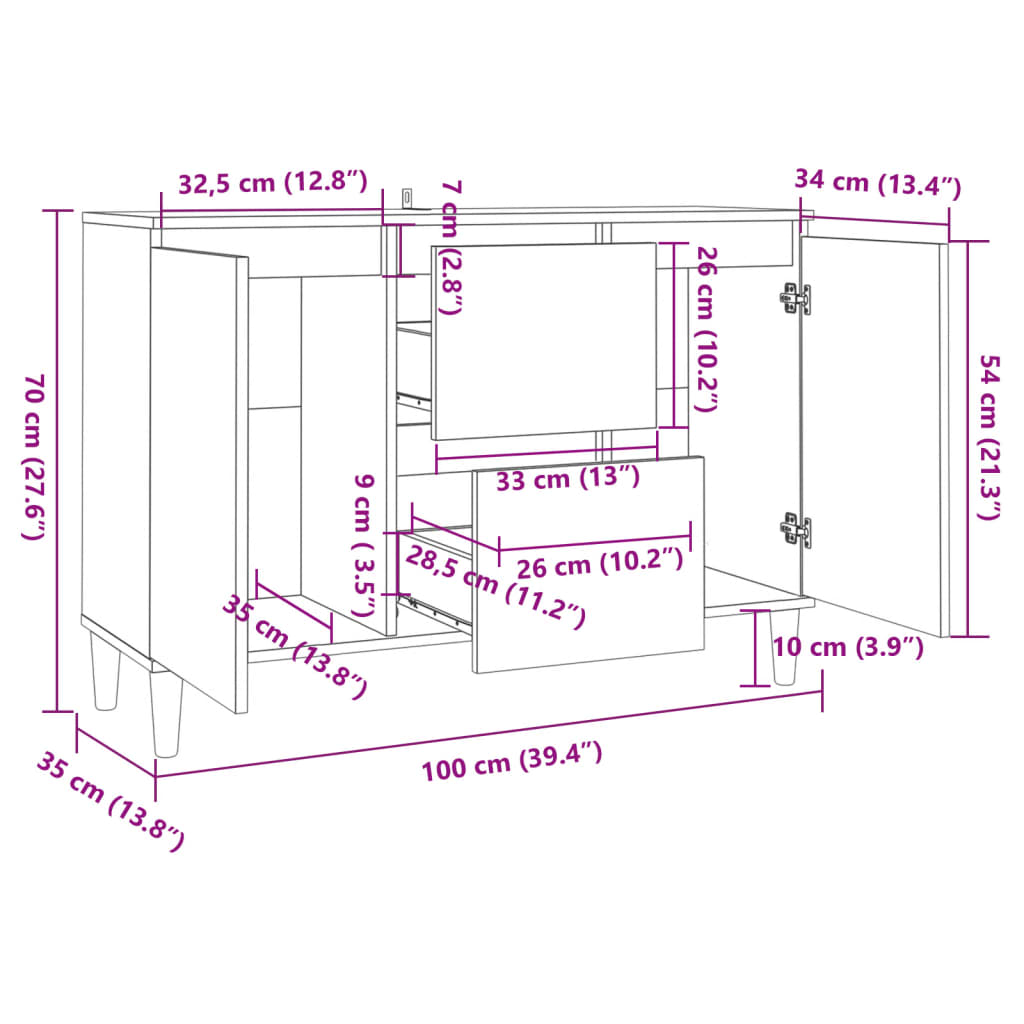 vidaXL betonszürke szerelt fa tálalószekrény 101 x 35 x 70 cm