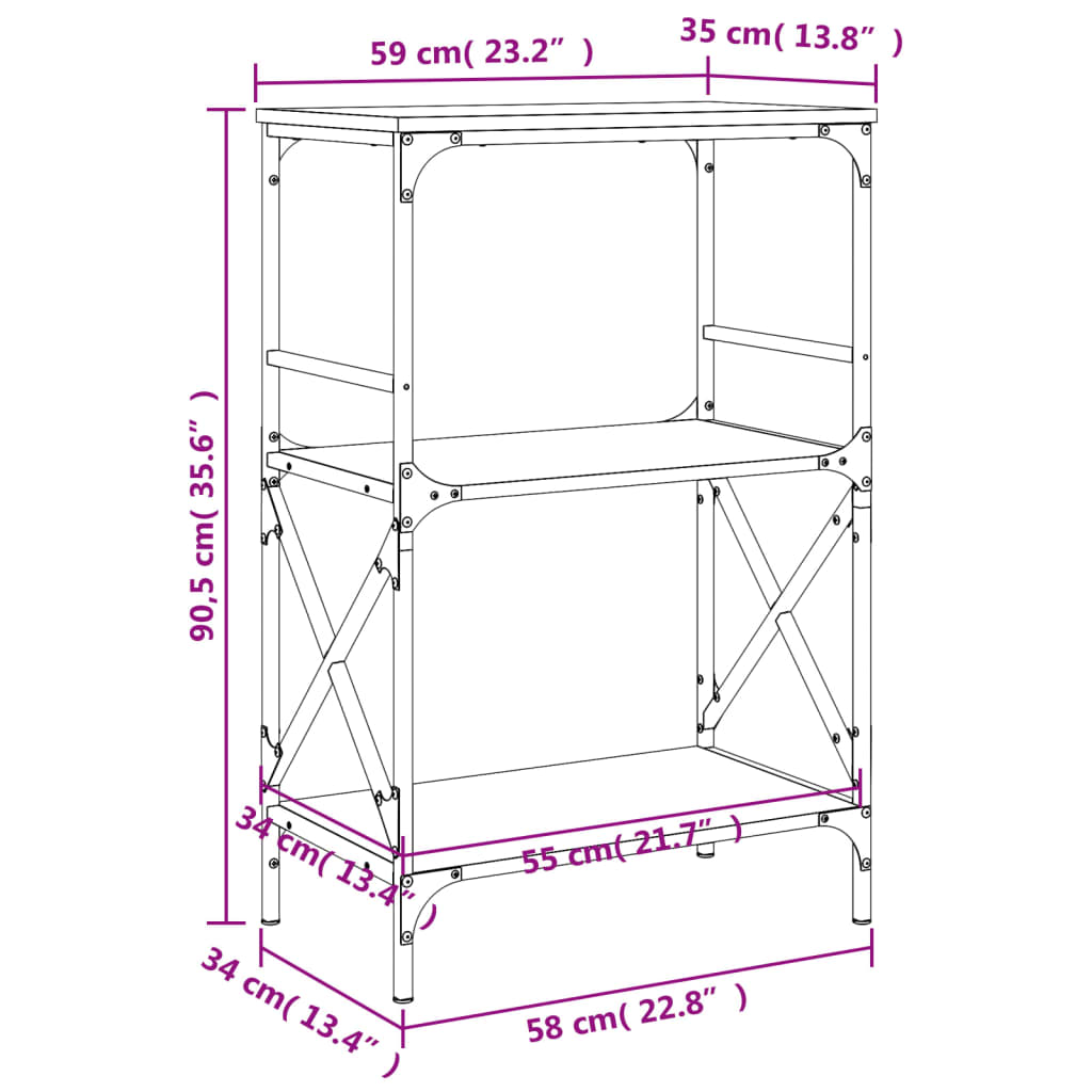 vidaXL 3 szintes fekete szerelt fa könyvespolc 59 x 35 x 90,5 cm