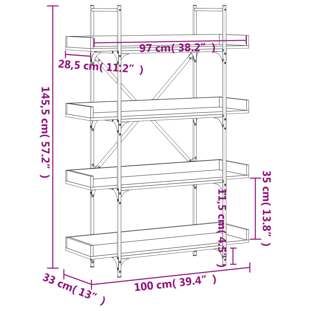 vidaXL 4-szintes fekete szerelt fa könyvespolc 100 x 33 x 145,5 cm