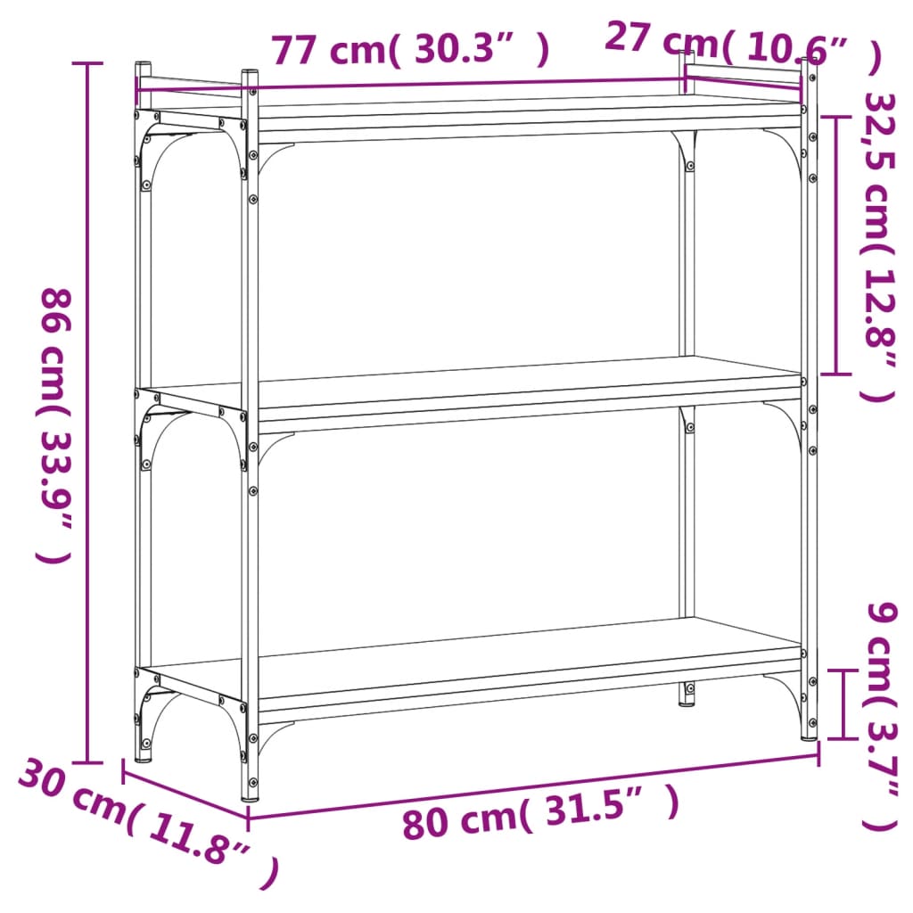 vidaXL 3 szintes füstös tölgy színű szerelt fa könyvespolc 80x30x86 cm