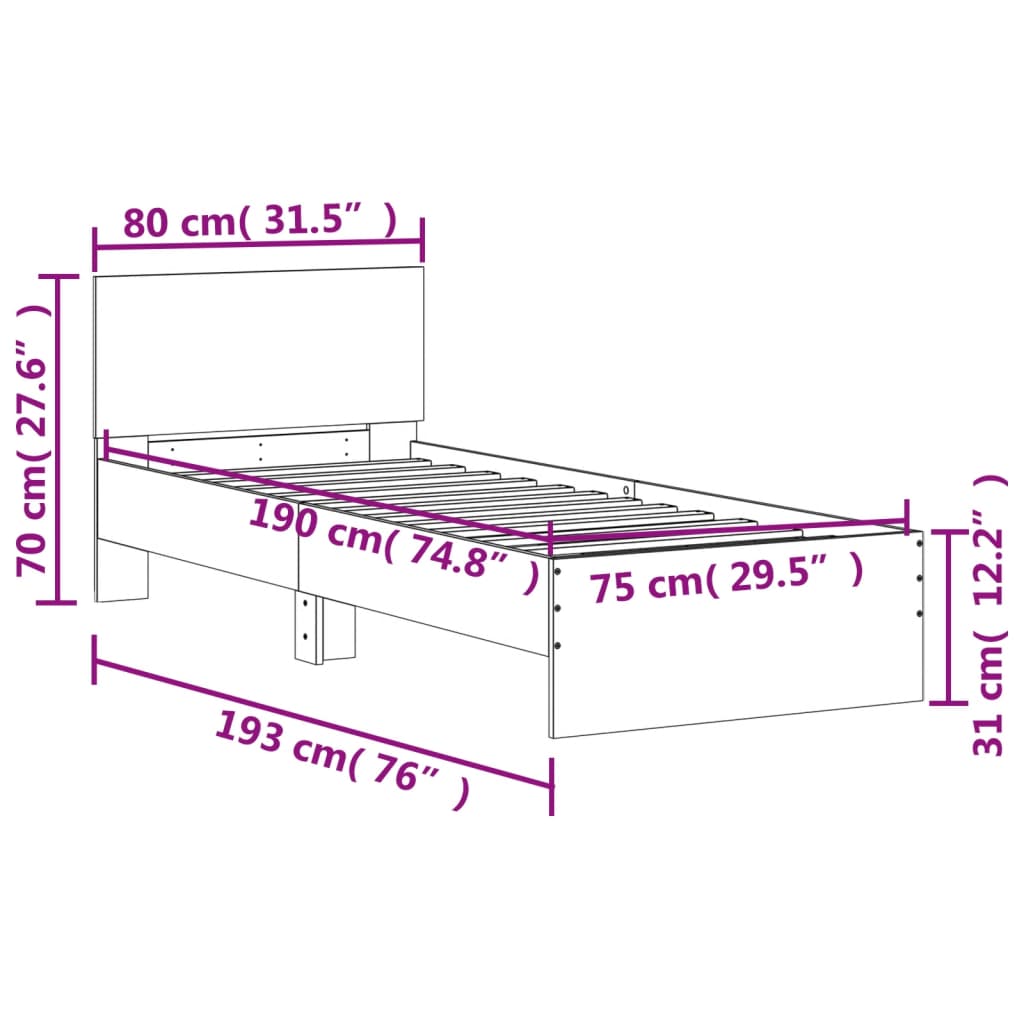 vidaXL barna tölgy színű ágykeret fejtámlával és LED-ekkel 75 x 190 cm