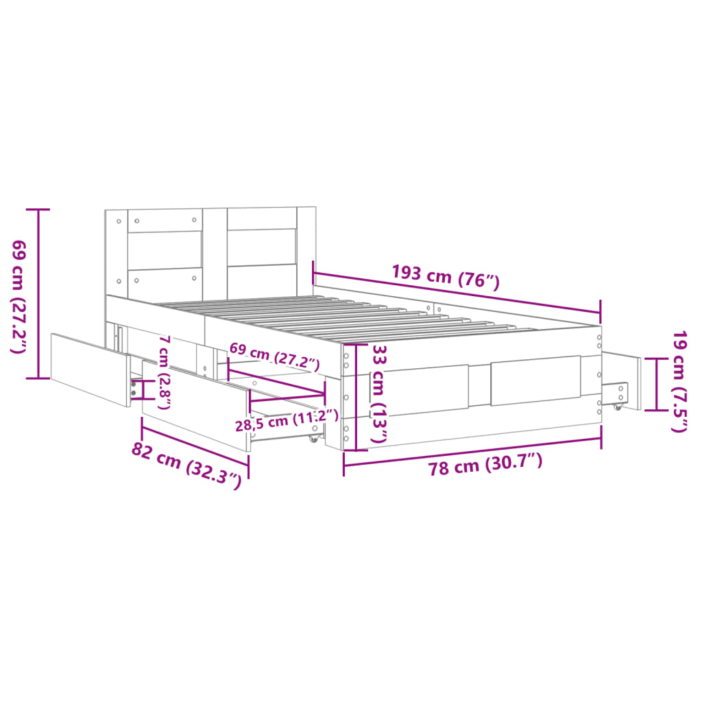 vidaXL fekete szövet ágykeret fiókokkal 75x190 cm