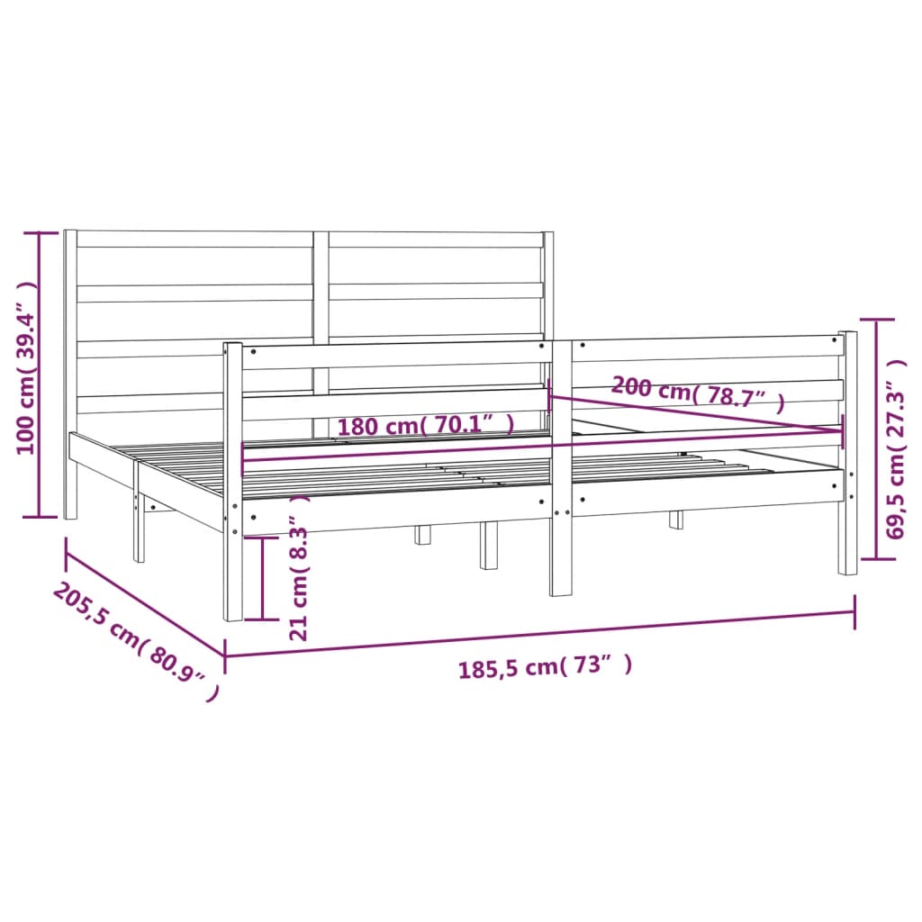 vidaXL Super King fehér tömör fenyőfa ágykeret 180 x 200 cm